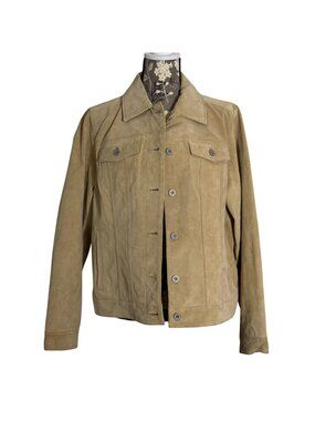 Vintage Eddie Bauer Suede Womens Satin Lined Tan Button Up Trucker Jacket Size L